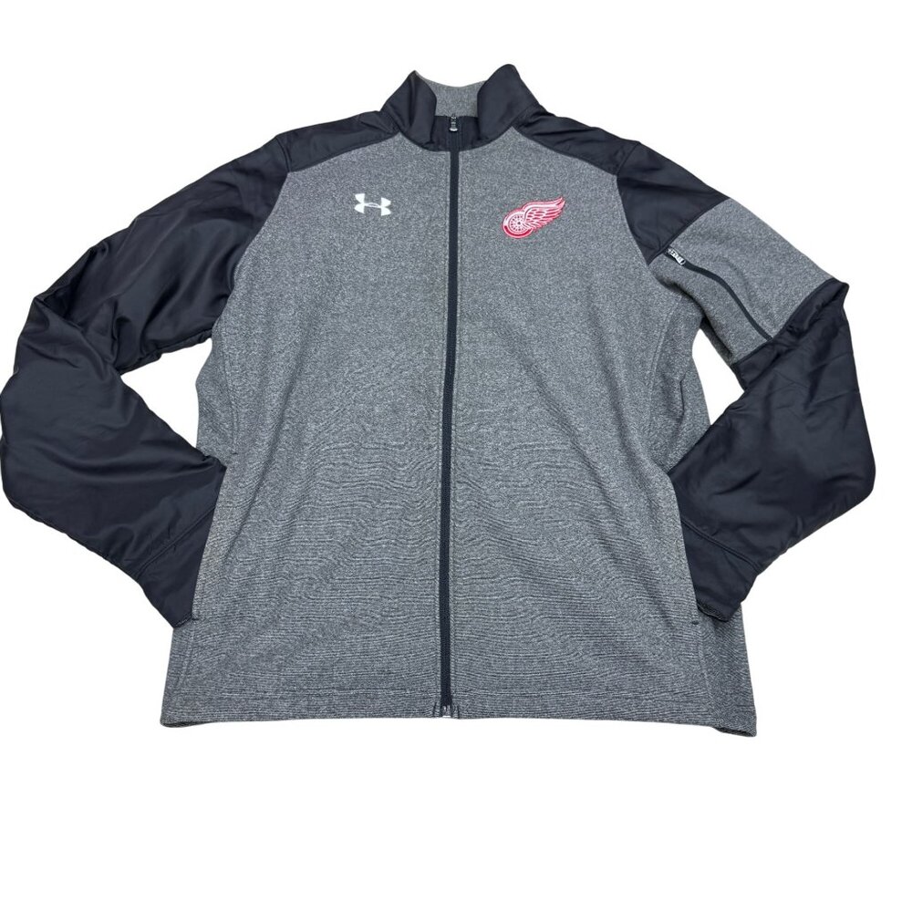 Under Armour Detroit Red Wings Logo Men's Gray Black LS Full Zip Jacket, Size M